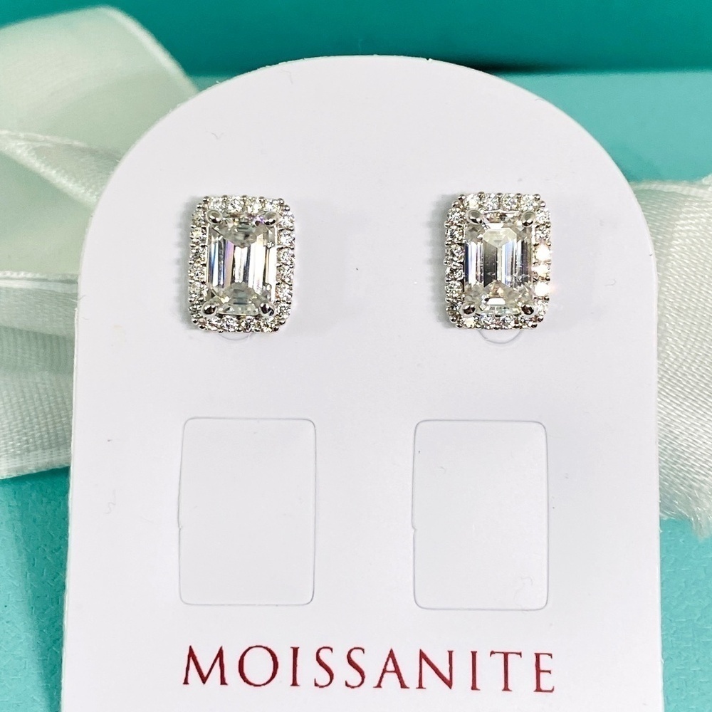 2 carat emerald cut moissanite halo stud earrings 925 NWT certified